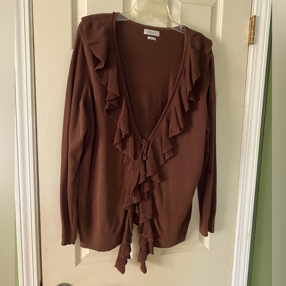 Van Heusen Brown Ruffle Women's Sweater tie cardigan XL long sleeved 100% cotton